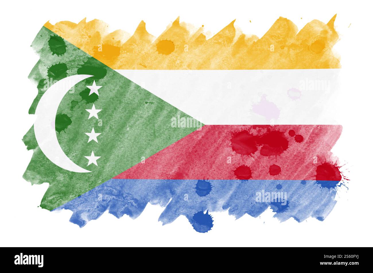 Le drapeau des Comores est représenté dans un style aquarelle liquide isolé sur fond blanc. Ombrage de peinture négligent avec l'image du drapeau national. Indépendance Banque D'Images