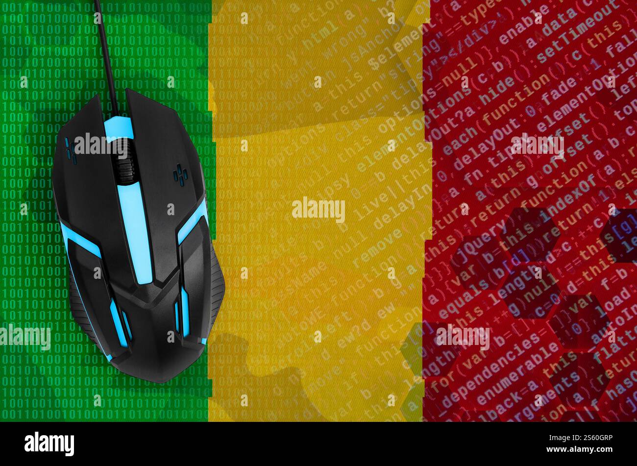 Drapeau du Mali et souris d'ordinateur moderne rétro-éclairée. Le concept de menace numérique, actions illégales sur Internet. Drapeau Mali et souris d'ordinateur. Numérique Banque D'Images
