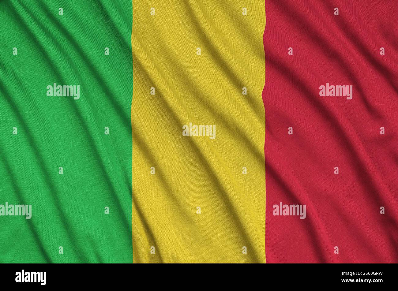 Le drapeau du Mali est représenté sur un tissu de sport avec de nombreux plis. Bannière agitant l'équipe sportive. Le drapeau du Mali est représenté sur un tissu de tissu de sport avec beaucoup Banque D'Images