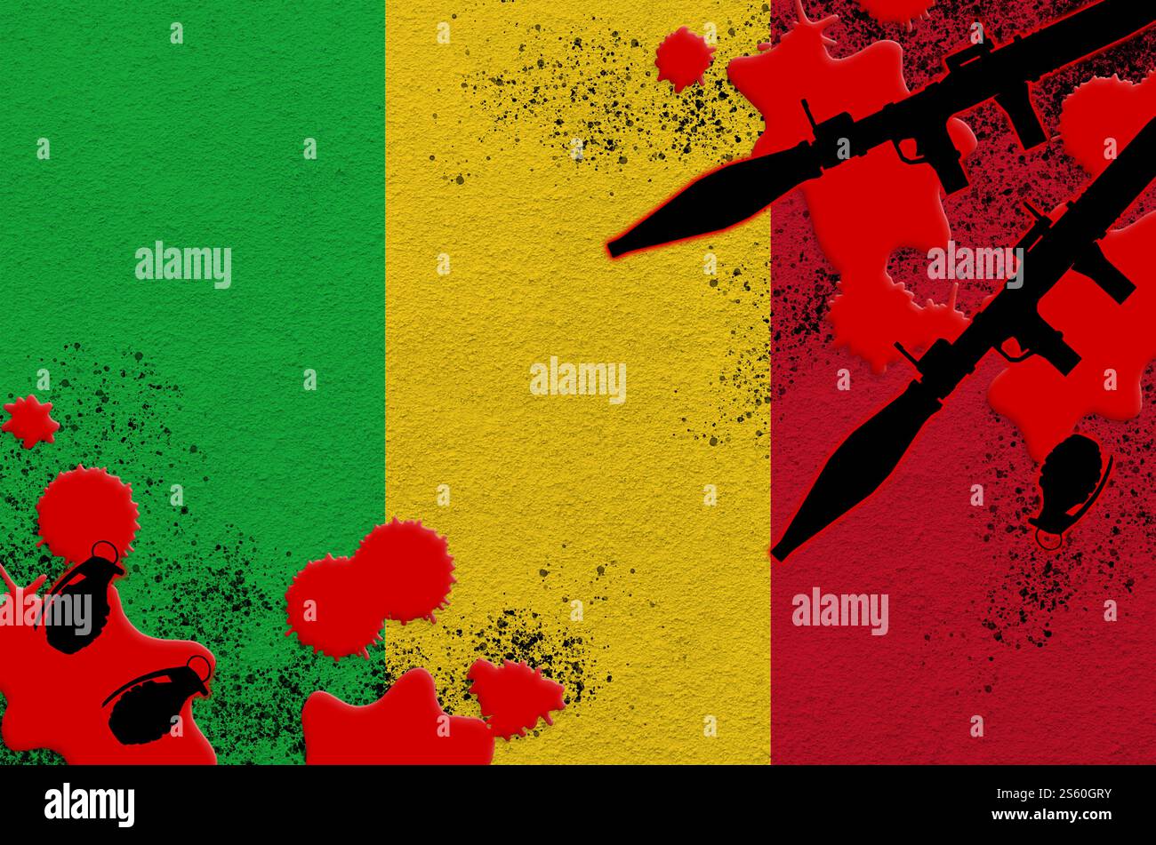 Drapeau du Mali et lance-roquettes avec des grenades dans le sang. Concept d'attaque terroriste et d'opérations militaires. Trafic d'armes à feu. Drapeau et fusée du Mali Banque D'Images