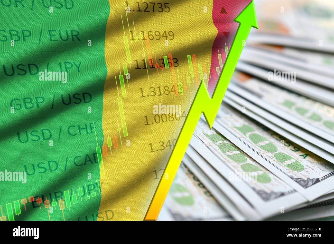 Mali drapeau et graphique croissance de la position du dollar américain avec un fan de billets en dollars. Concept d'augmentation de la valeur de la devise du dollar américain. Drapeau et carte du Mali Banque D'Images