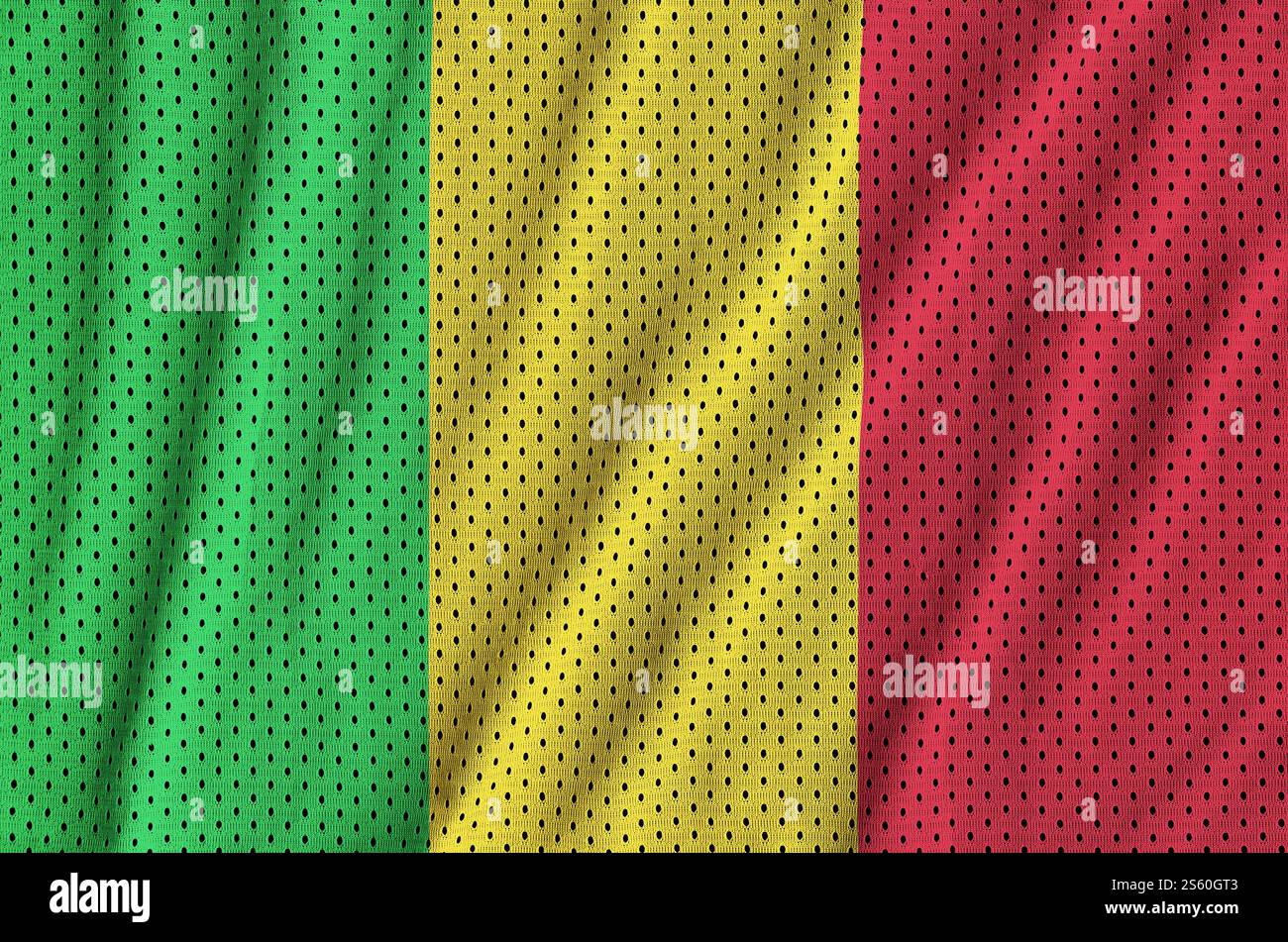 Drapeau Mali imprimé sur un tissu en maille de sport en nylon polyester avec quelques plis. Drapeau Mali imprimé sur un tissu mesh polyester nylon sportswear wi Banque D'Images