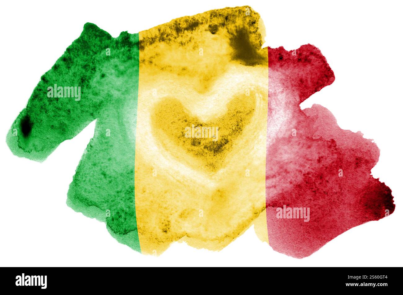 Le drapeau du Mali est représenté dans un style aquarelle liquide isolé sur fond blanc. Ombrage de peinture négligent avec l'image du drapeau national. Jour de l'indépendance Banque D'Images