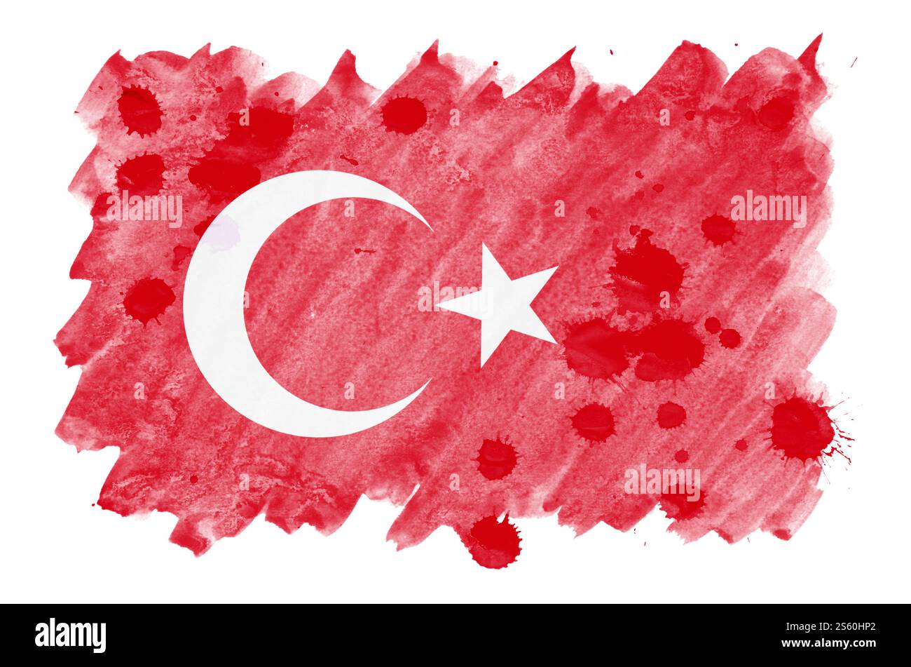 Drapeau de dinde est représenté dans le style aquarelle liquide isolé sur fond blanc. Ombrage de peinture négligent avec l'image du drapeau national. Jour de l'indépendance Banque D'Images