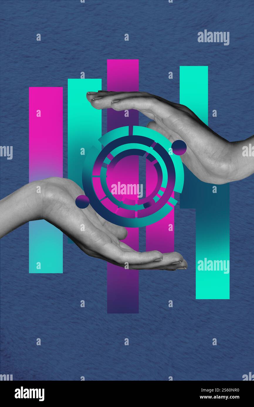 Croquis de bannière d'illustration de tendance collage de photos 3D de langage corporel de symbole deux gestes de main humaine tiennent entre l'élément de cercle cyberespace Banque D'Images