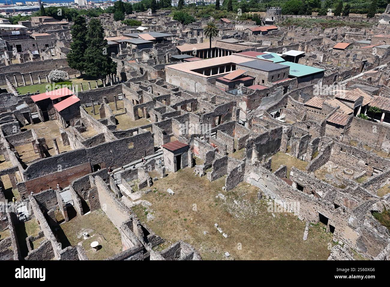 Vue aérienne des rues et des maisons du site historique du patrimoine mondial de Pompéi, Italie Banque D'Images