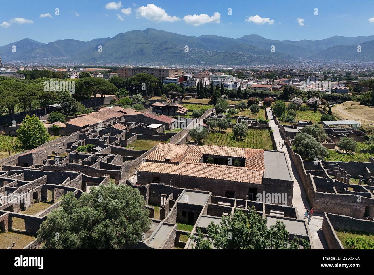 Vue aérienne des rues et des maisons du site historique du patrimoine mondial de Pompéi, Italie Banque D'Images
