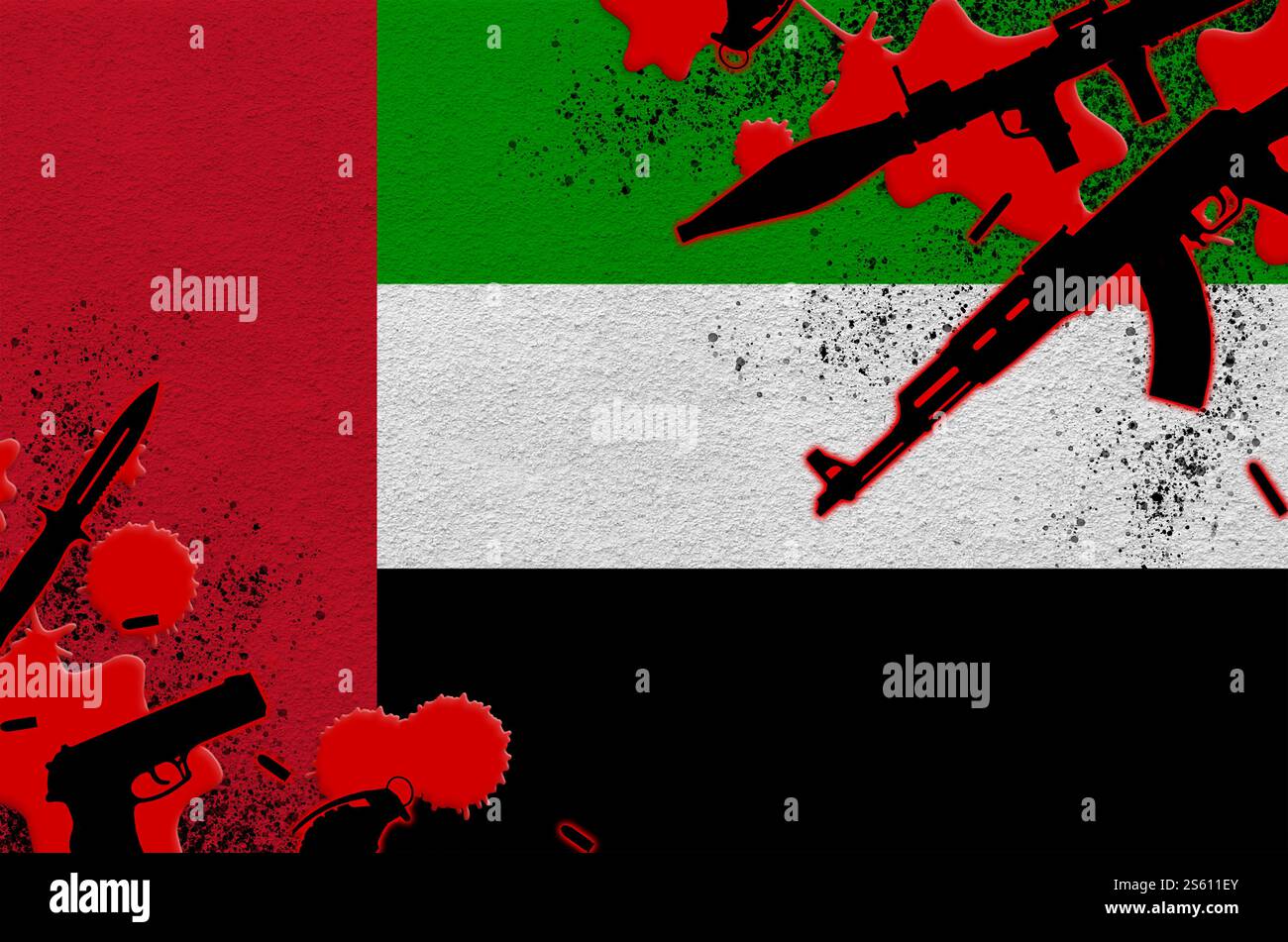 Drapeau des Émirats arabes Unis et diverses armes de sang rouge. Concept d'attaque terroriste et d'opérations militaires avec un résultat létal. Trafic d'armes à feu. Banque D'Images