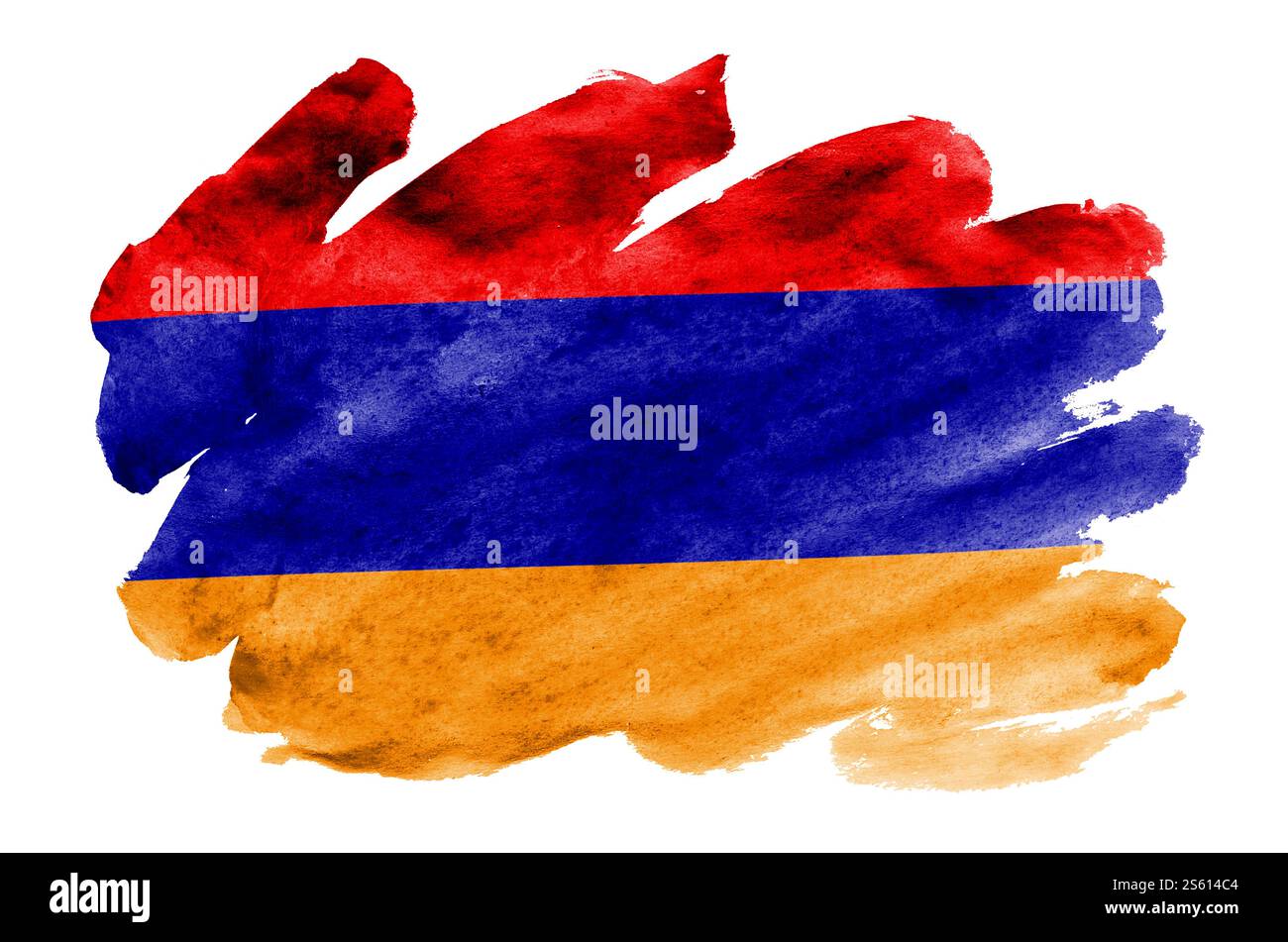 Le drapeau de l'Arménie est représenté dans un style aquarelle liquide isolé sur fond blanc. Ombrage de peinture négligent avec l'image du drapeau national. Indépendance Banque D'Images
