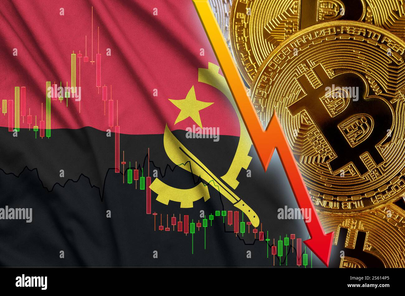 Drapeau Angola et crypto-monnaie tendance à la baisse avec de nombreux bitcoins en or. Concept de réduction Bitcoin dans le prix ou mauvaise conversion en crypto-monnaie Banque D'Images