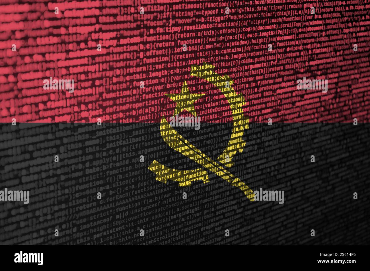 Le drapeau de l'Angola est représenté sur l'écran avec le code de programme. Le concept de technologie moderne et de développement de site. Le drapeau de l'Angola est représenté sur le Banque D'Images