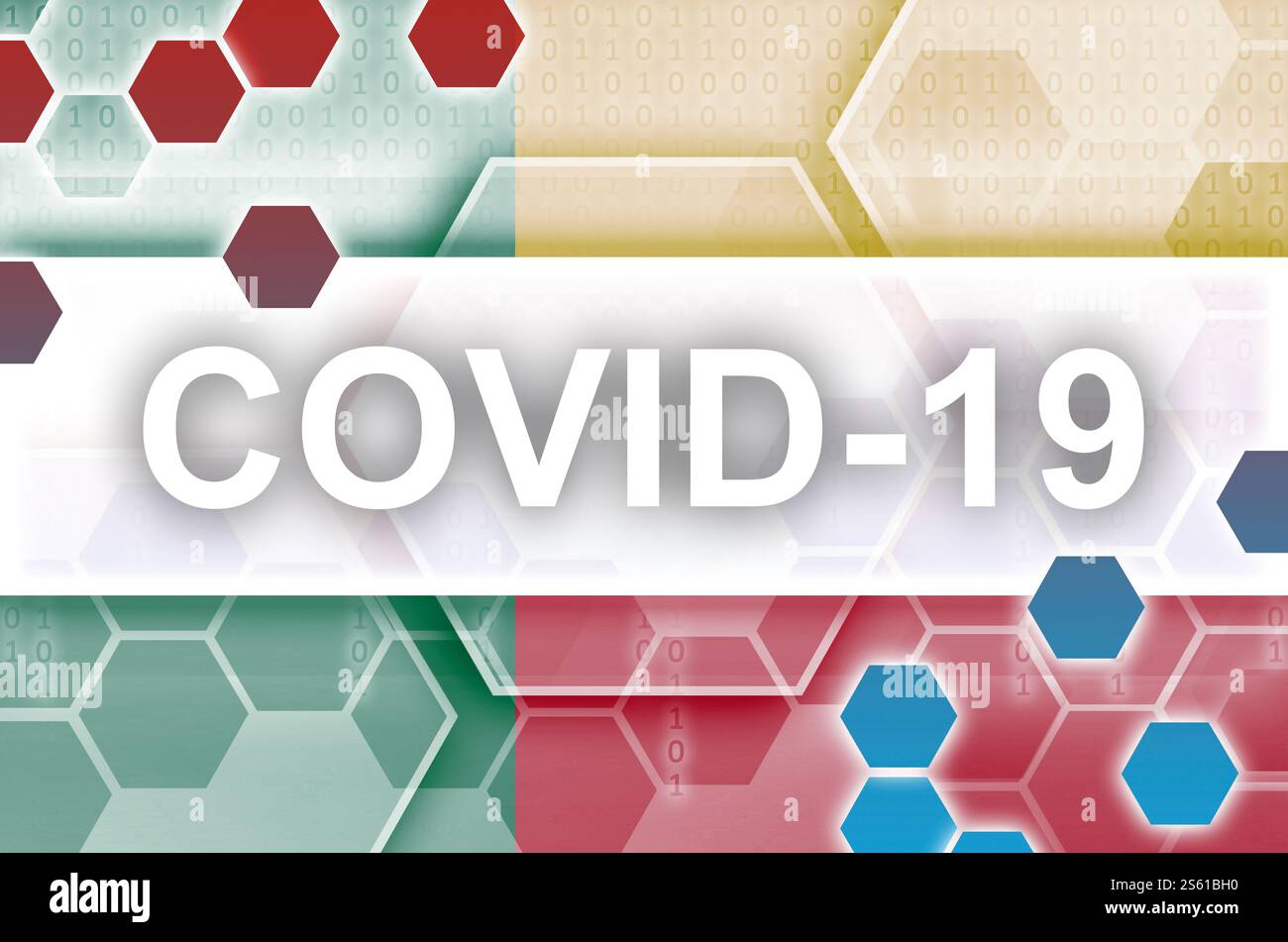 Drapeau du Bénin et composition abstraite numérique futuriste avec inscription blanche COVID-19. Concept d'épidémie de coronavirus. Drapeau béninois et futuriste Banque D'Images
