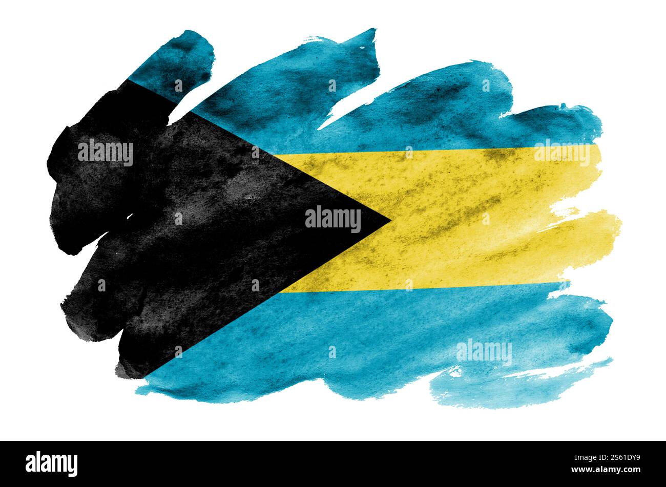 Le drapeau des Bahamas est représenté dans un style aquarelle liquide isolé sur fond blanc. Ombrage de peinture négligent avec l'image du drapeau national. Indépendance Banque D'Images