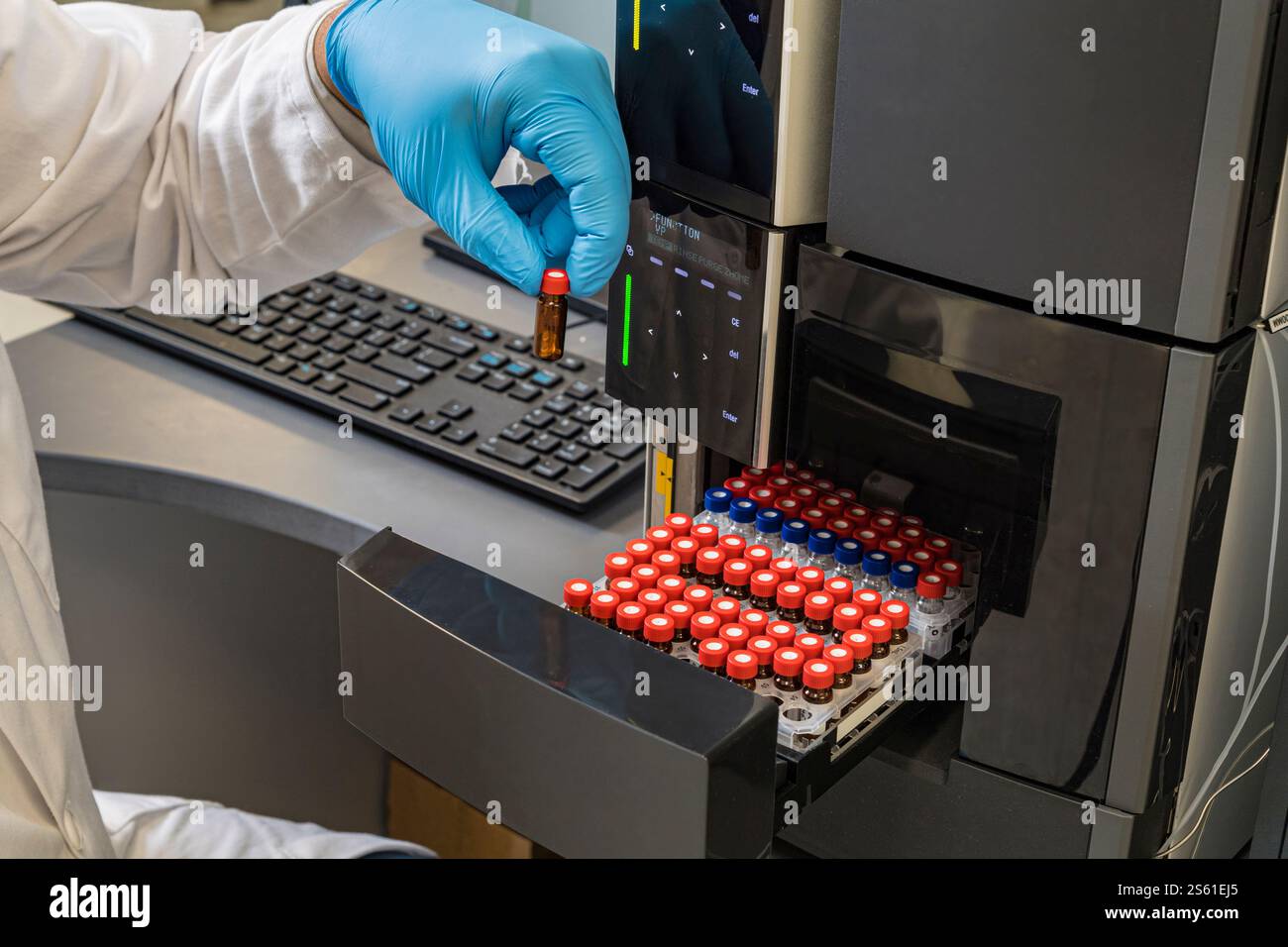 Scientifique tenant le flacon dans le laboratoire de laboratoire d'essai scientifique, New Jersey USA Banque D'Images Scientifique tenant le flacon dans le laboratoire de laboratoire d'essai scientifique, New Jersey USA Banque D'Images