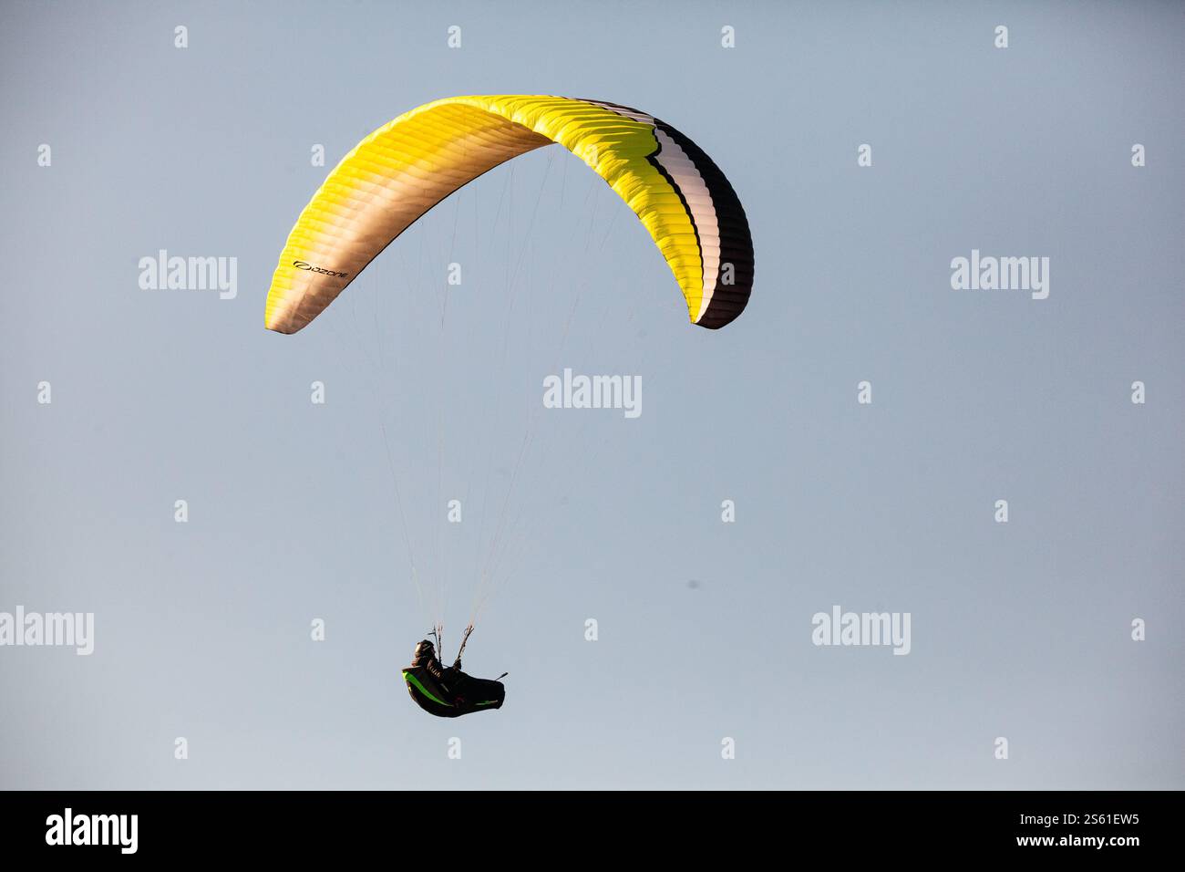 Parapente en vol contre un ciel bleu clair Banque D'Images