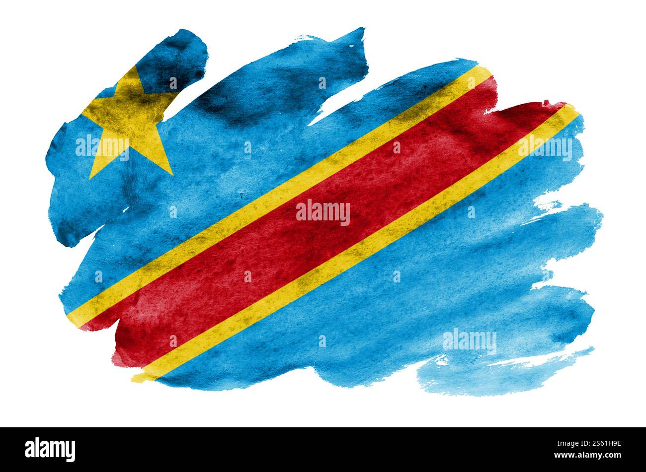 Le drapeau de la République démocratique du Congo est représenté dans un style aquarelle liquide isolé sur fond blanc. Ombrage de peinture négligent avec image de Banque D'Images