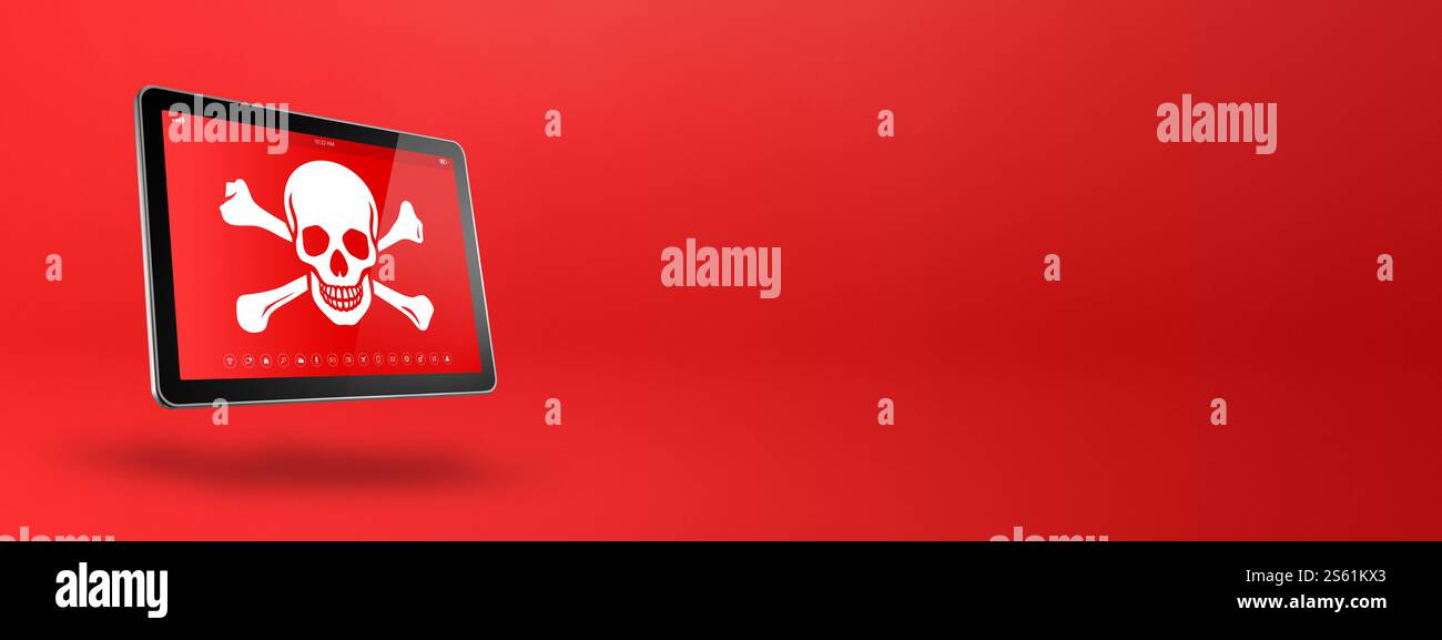 Tablet PC numérique avec un symbole de pirate à l'écran. Concept de piratage et de virus. Illustration 3D isolée sur fond rouge. Bannière horizontale. Numérique Banque D'Images