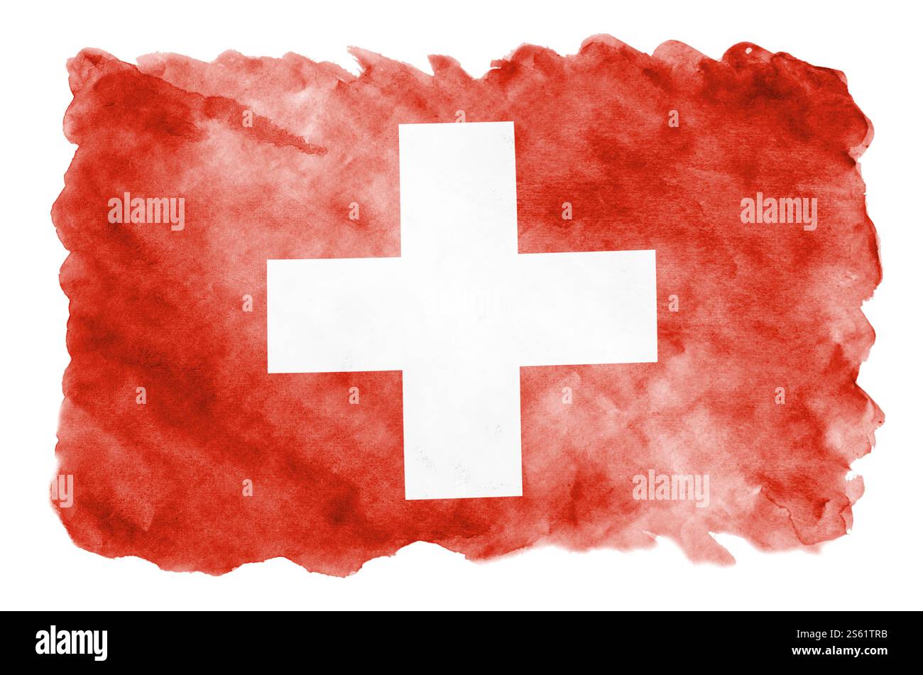 Le drapeau de la Suisse est représenté dans un style aquarelle liquide isolé sur fond blanc. Ombrage de peinture négligent avec l'image du drapeau national. Banque D'Images