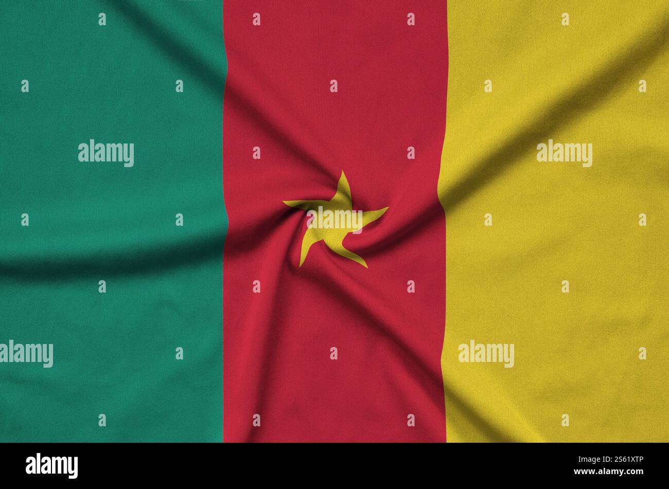 Le drapeau camerounais est représenté sur un tissu de sport avec de nombreux plis. Bannière agitant l'équipe sportive. Drapeau du Cameroun est représenté sur un tissu de tissu de sport avec Banque D'Images