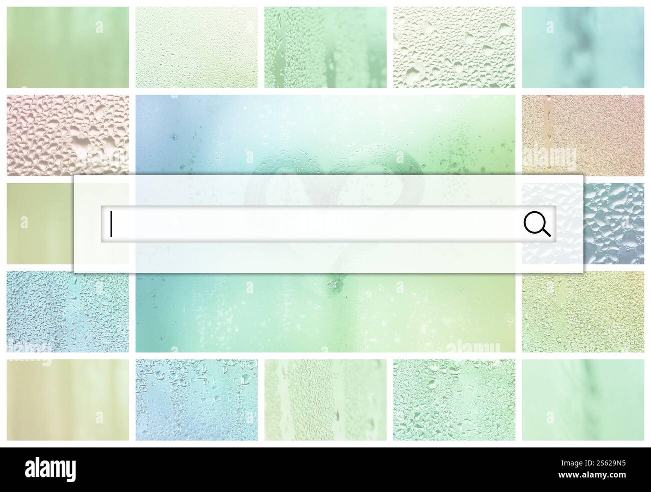 Le champ de recherche est situé au-dessus du collage de nombreux fragments de verre différents, décoré avec des gouttes de pluie du condensat et du cœur peint Banque D'Images