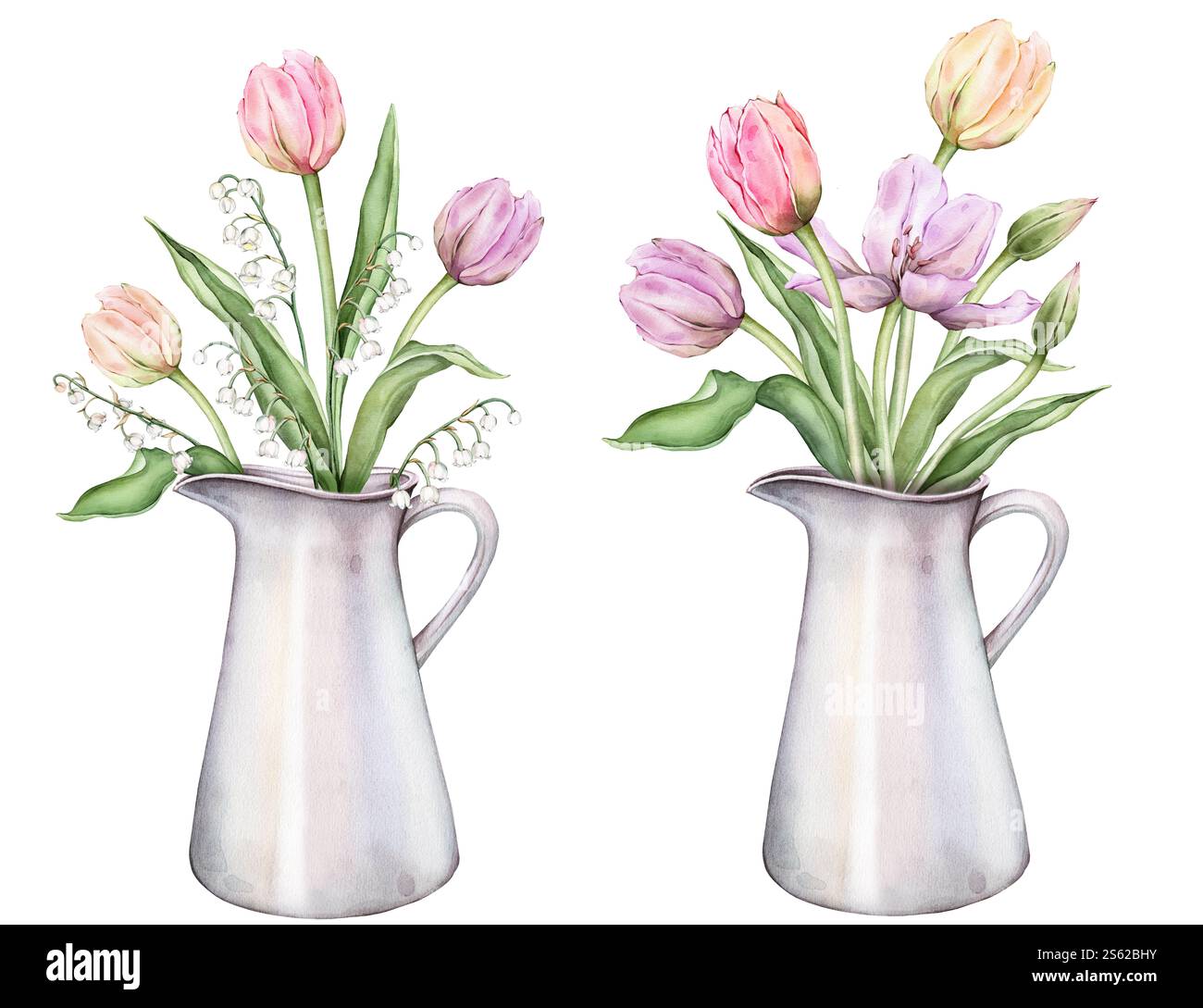 Tulipes de bouquet de bourgeon multicolores pastel et lis de la vallée en canette métallique illustration aquarelle isolée sur fond. Dessiné à la main rose jaune Banque D'Images