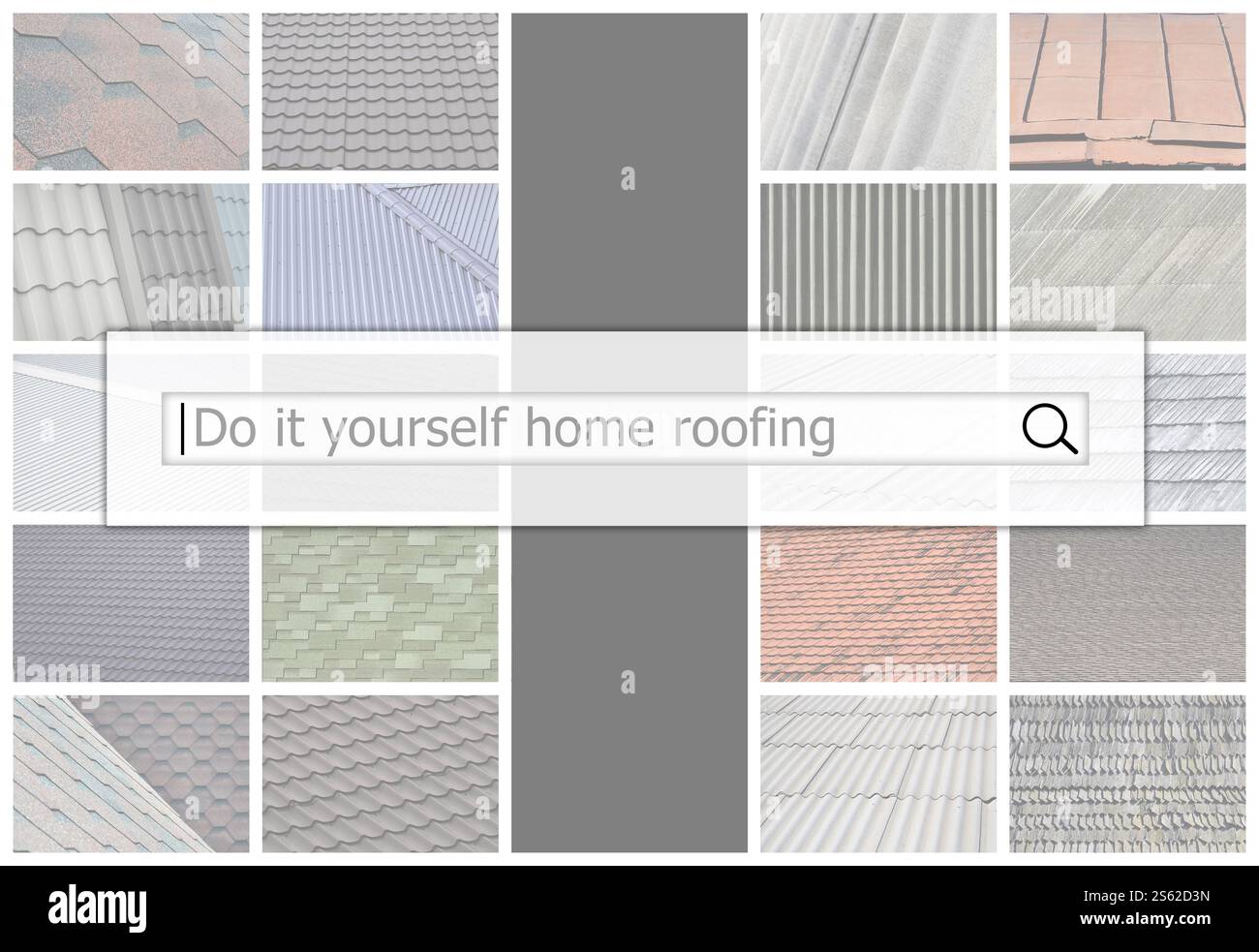 Visualisation de la barre de recherche sur le fond d'un collage de nombreuses images avec des fragments de différents types de toiture en gros plan. Faites-le vous-même Banque D'Images