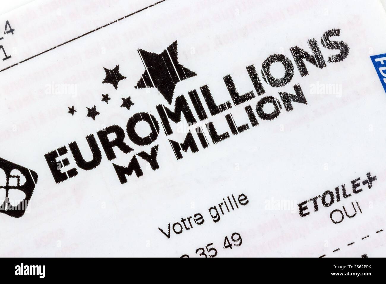 Billet de loterie français EuroMillions de la française des Jeux, gros plan. Banque D'Images