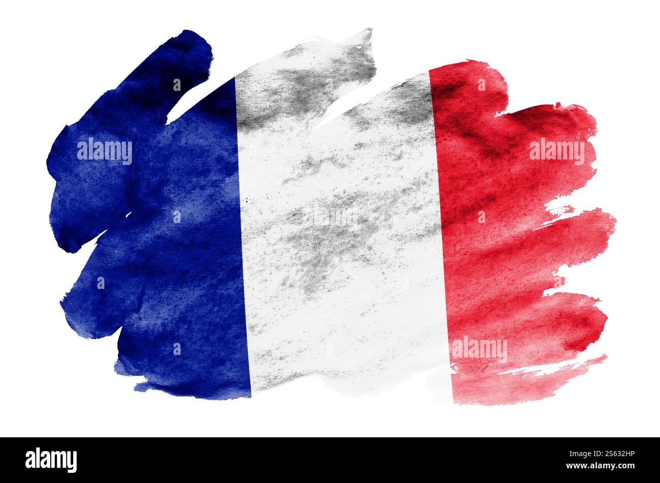 Le drapeau de la France est représenté dans un style aquarelle liquide isolé sur fond blanc. Ombrage de peinture négligent avec l'image du drapeau national. Jour de l'indépendance Banque D'Images