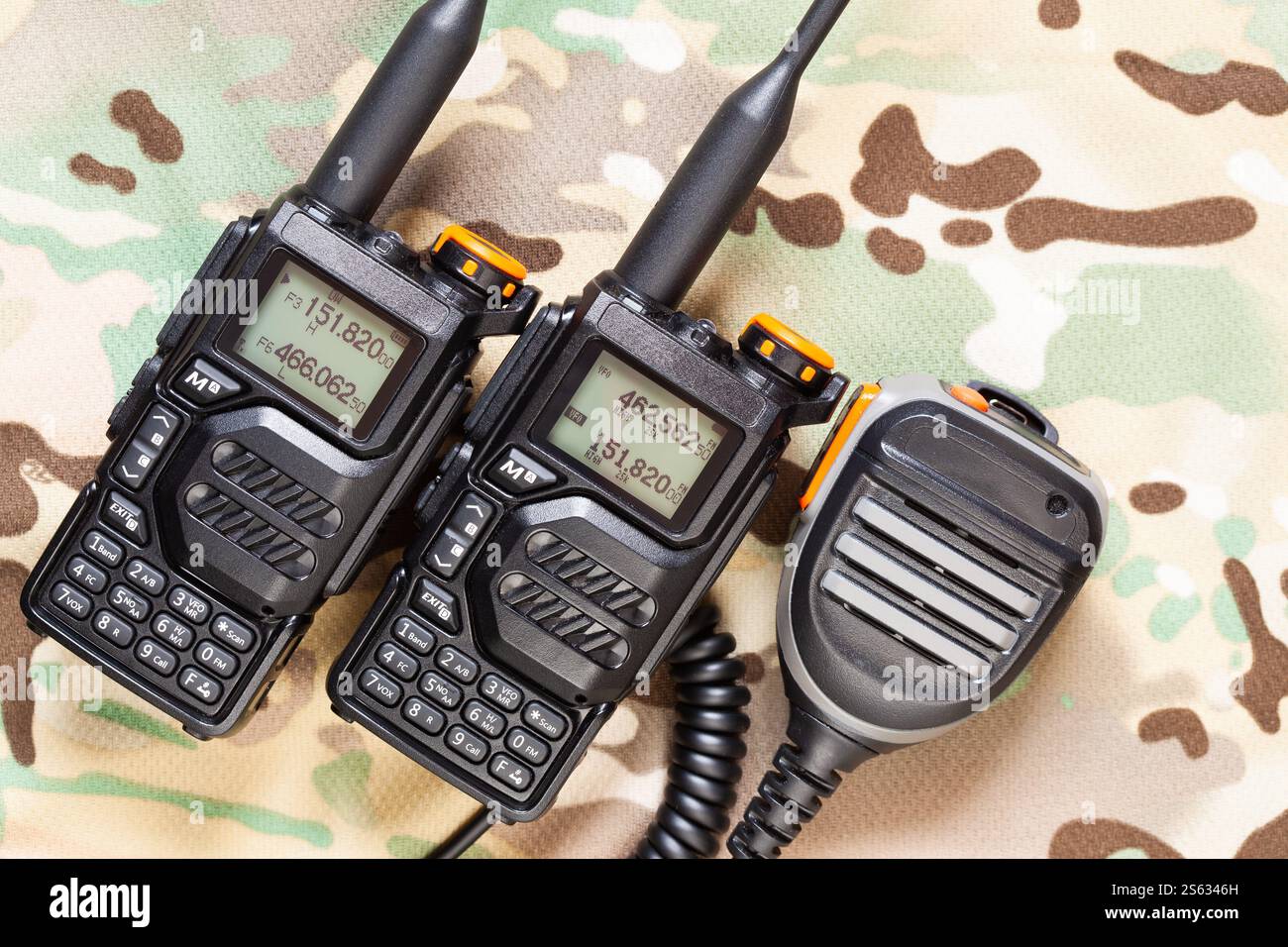 Radios bibande bidirectionnelles avec microphone sur fond de camouflage Banque D'Images
