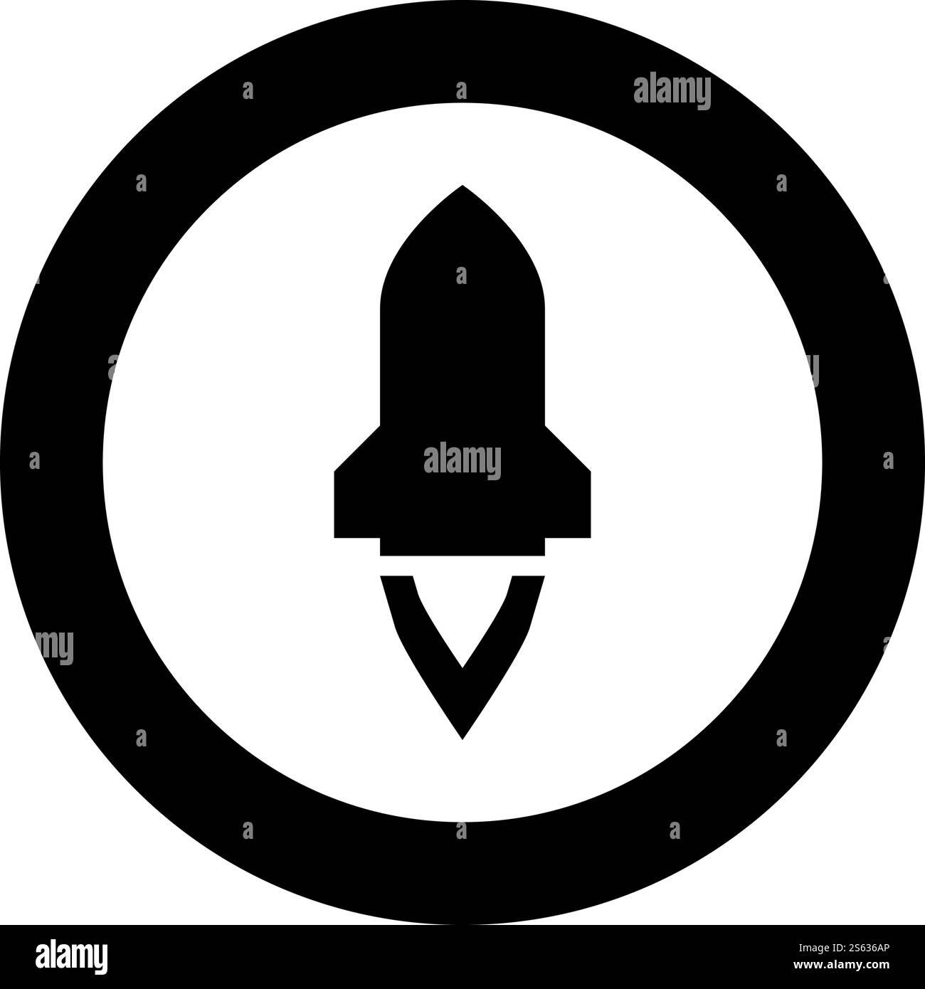 Fusée avec flamme dans le vaisseau spatial volant lançant l'exploration spatiale icône de concept d'arme de guerre en cercle rond noir illustration vectorielle de couleur noire style plat image simple. Fusée avec flamme dans le vaisseau spatial volant lançant l'icône de concept d'arme de guerre d'exploration spatiale dans le cercle rond noir illustration vectorielle de couleur noire image de style plat Illustration de Vecteur