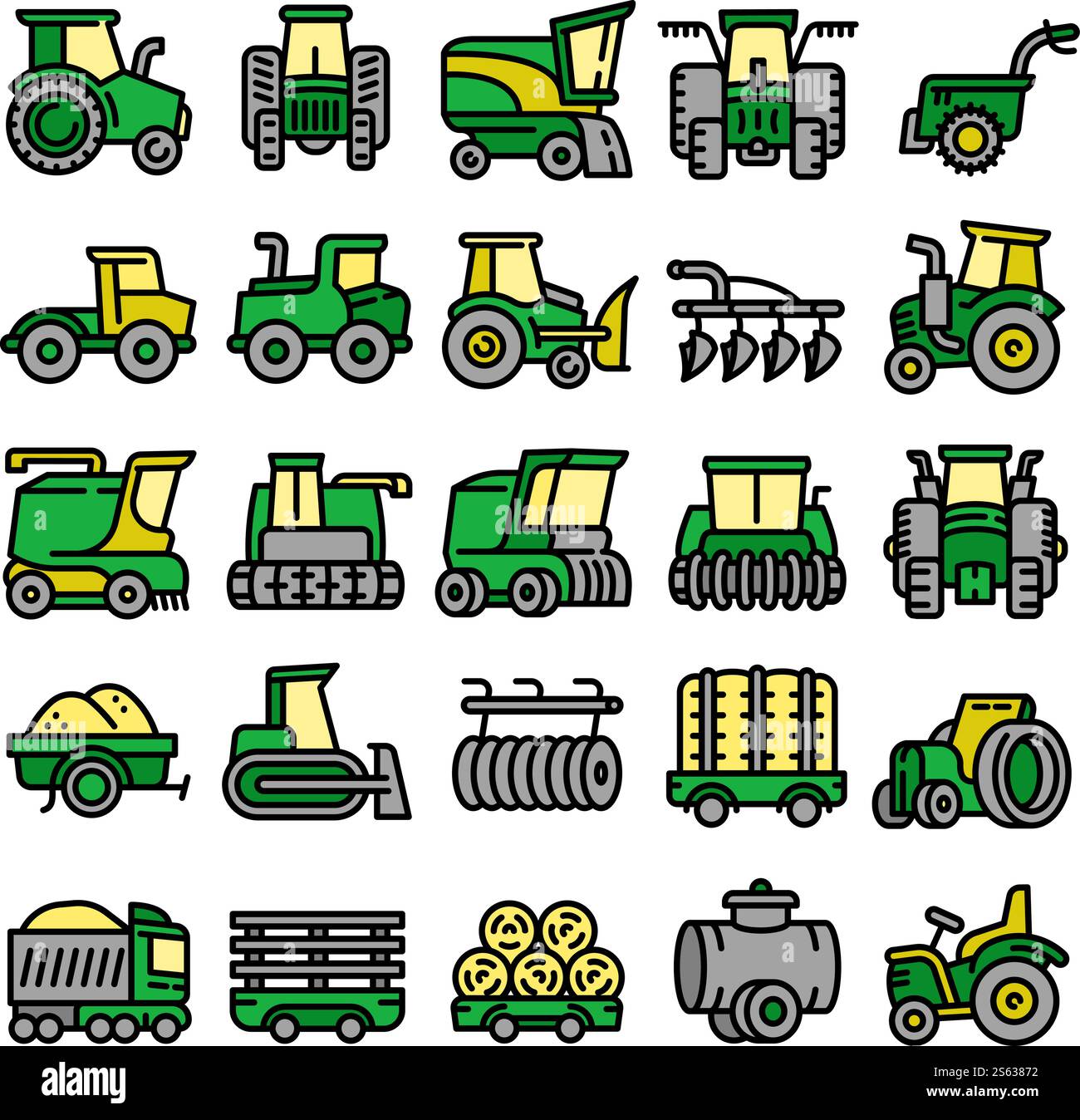Icônes d'équipement agricole définies. Ensemble de contours d'icônes vectorielles de matériel agricole pour la conception de Web isolé sur fond blanc. Icônes d'équipement agricole définies, style de contour Illustration de Vecteur