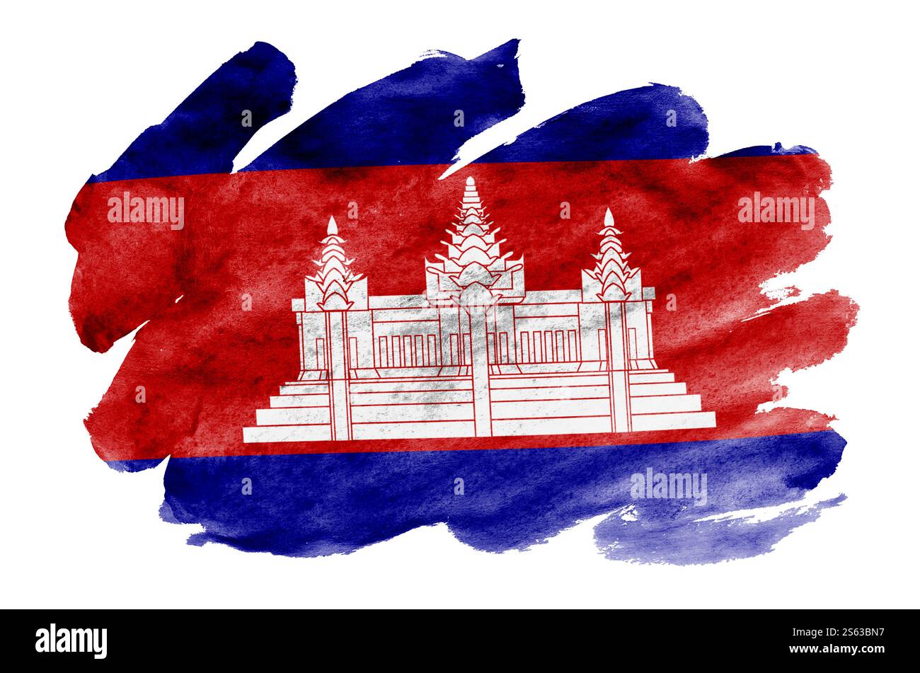 Le drapeau du Cambodge est représenté dans un style aquarelle liquide isolé sur fond blanc. Ombrage de peinture négligent avec l'image du drapeau national. Indépendance Banque D'Images