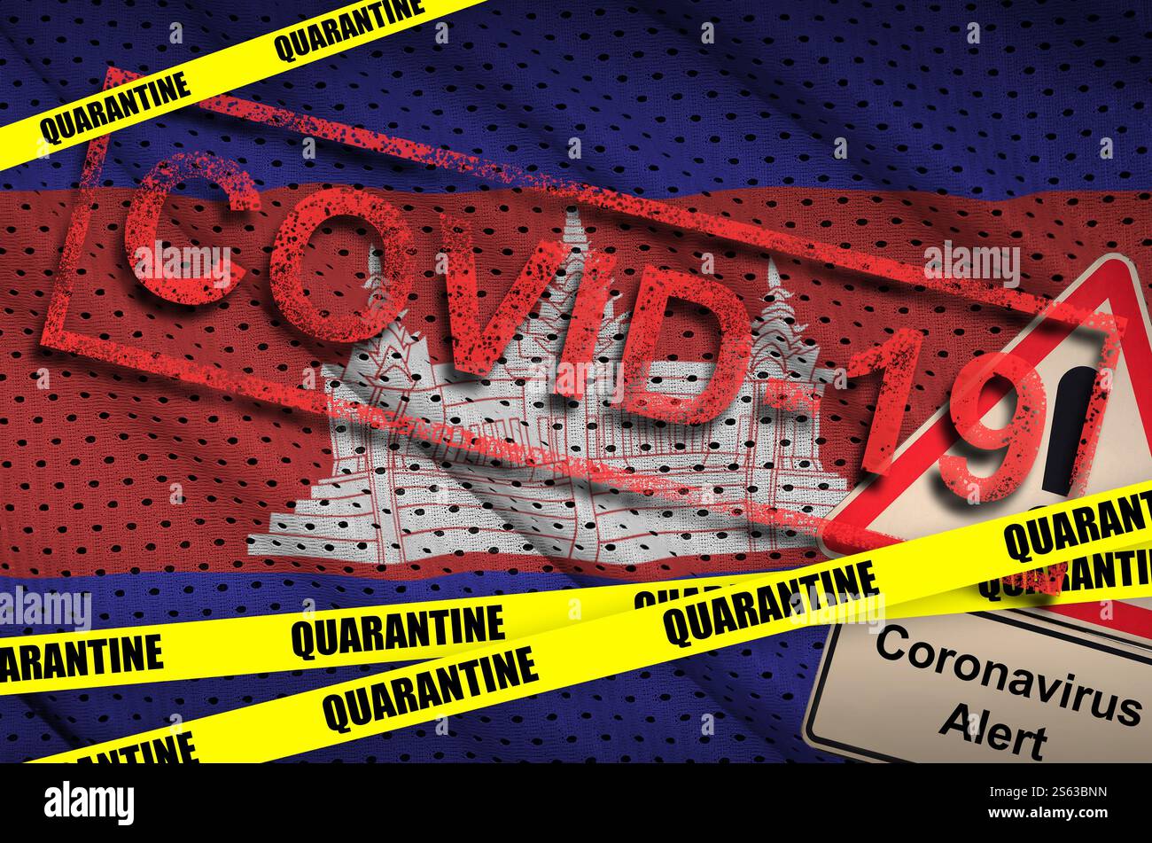 Drapeau du Cambodge et ruban jaune de quarantaine COVID-19 avec tampon rouge. Concept de coronavirus ou virus 2019-nCoV. Drapeau du Cambodge et quarantaine COVID-19 Banque D'Images Drapeau du Cambodge et ruban jaune de quarantaine COVID-19 avec tampon rouge. Concept de coronavirus ou virus 2019-nCoV. Drapeau du Cambodge et quarantaine COVID-19 Banque D'Images