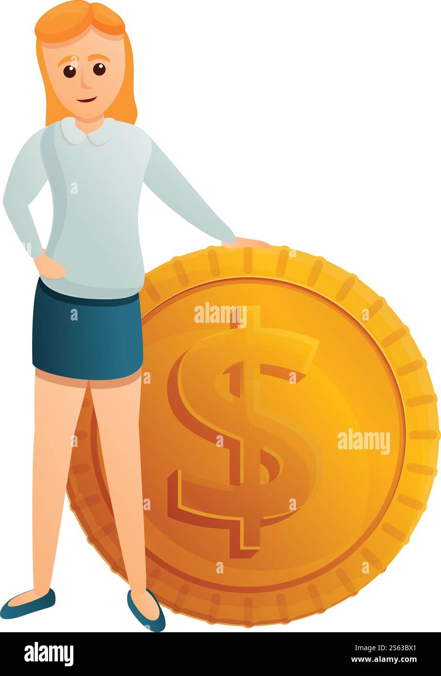 Femme près de l'icône de pièce d'un dollar. Dessin animé de femme près de l'icône de vecteur de pièce de dollar pour la conception de Web isolé sur fond blanc. Femme près de l'icône de pièce de dollar, style de bande dessinée Illustration de Vecteur