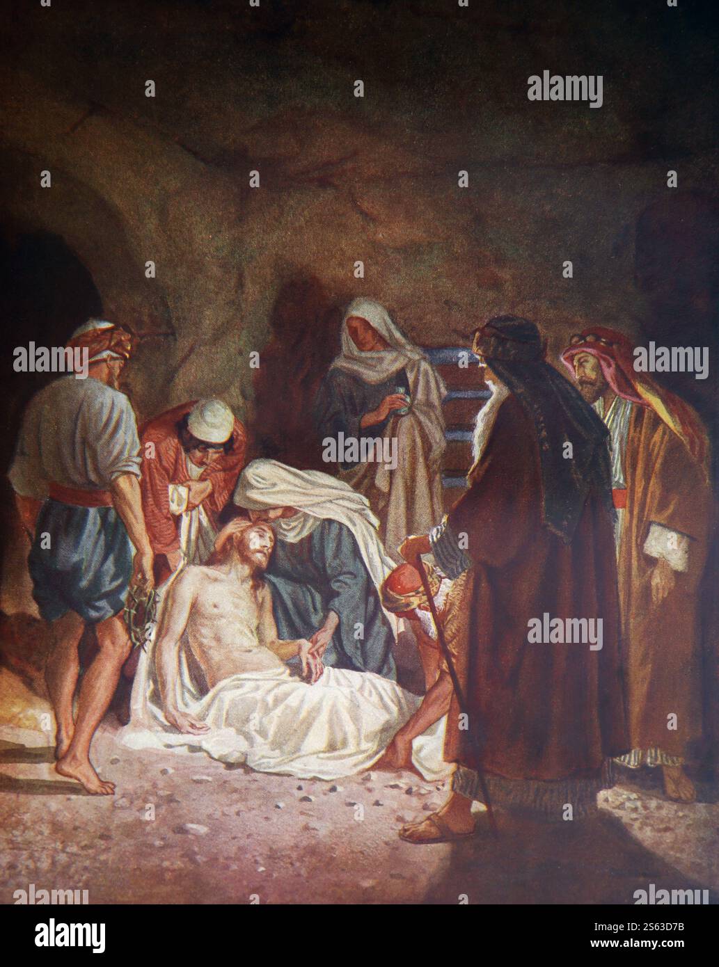 Plaque de couleur de la mise en demeure de Jésus-Christ - Joseph Arimthea a obtenu la permission de Ponce Pilate de descendre Christ de la Croix pour l'enterrer Banque D'Images