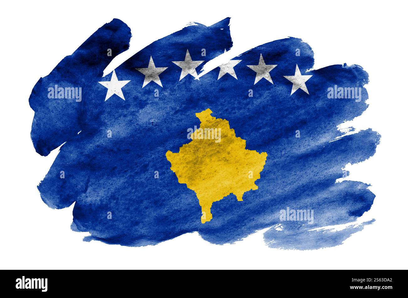 Le drapeau du Kosovo est représenté dans un style aquarelle liquide isolé sur fond blanc. Ombrage de peinture négligent avec l'image du drapeau national. Jour de l'indépendance Banque D'Images