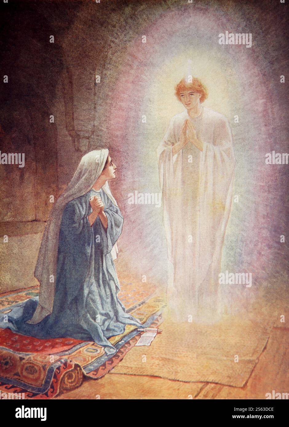 Plaque de couleur de l'Annonciation - Vierge Marie visitée par l'Ange Gabriel de 1906-10 la vie de Jésus de Nazareth dépeinte en couleurs Banque D'Images Plaque de couleur de l'Annonciation - Vierge Marie visitée par l'Ange Gabriel de 1906-10 la vie de Jésus de Nazareth dépeinte en couleurs Banque D'Images