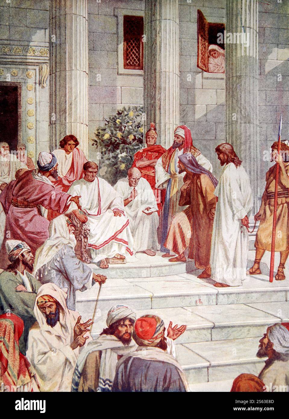 Plaque de couleur de Jésus-Christ a apporté devant Ponce Pilate (Cour de Pilate) de 1906/10 la vie de Jésus de Nazareth dépeinte en couleurs Banque D'Images