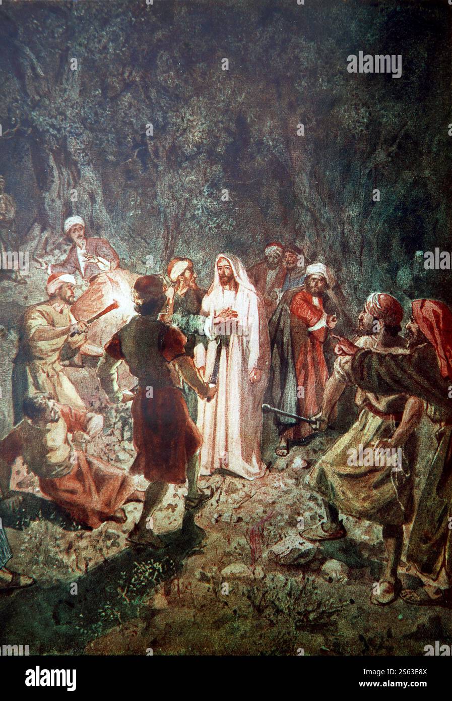 Plaque de couleur de la trahison de Jésus-Christ dans le jardin de Gethsémani de 1906/10 la vie de Jésus de Nazareth dépeinte en couleurs Banque D'Images