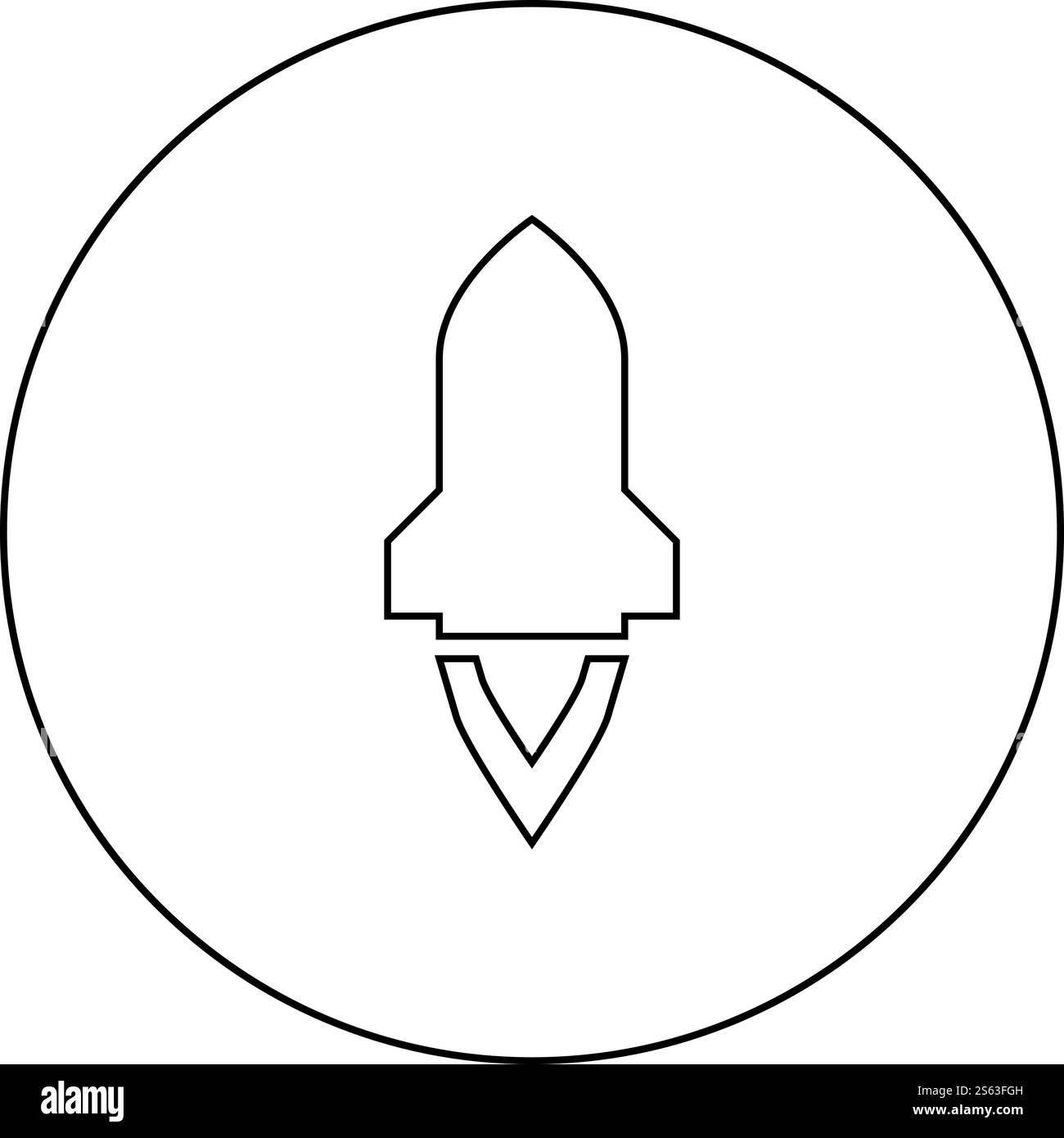 Fusée avec flamme dans le vaisseau spatial volant lançant l'icône de concept d'arme de guerre d'exploration spatiale dans le cercle rond contour noir illustration vectorielle de couleur plate style image simple. Fusée avec flamme dans le vaisseau spatial volant lançant l'icône de concept d'arme de guerre d'exploration spatiale dans le cercle rond contour noir illustration vectorielle de couleur noire image de style plat Illustration de Vecteur