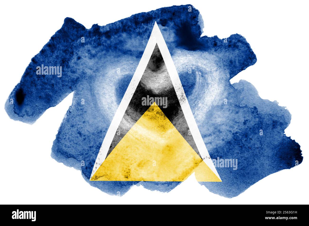 Le drapeau de Sainte-Lucie est représenté dans un style aquarelle liquide isolé sur fond blanc. Ombrage de peinture négligent avec l'image du drapeau national. Banque D'Images