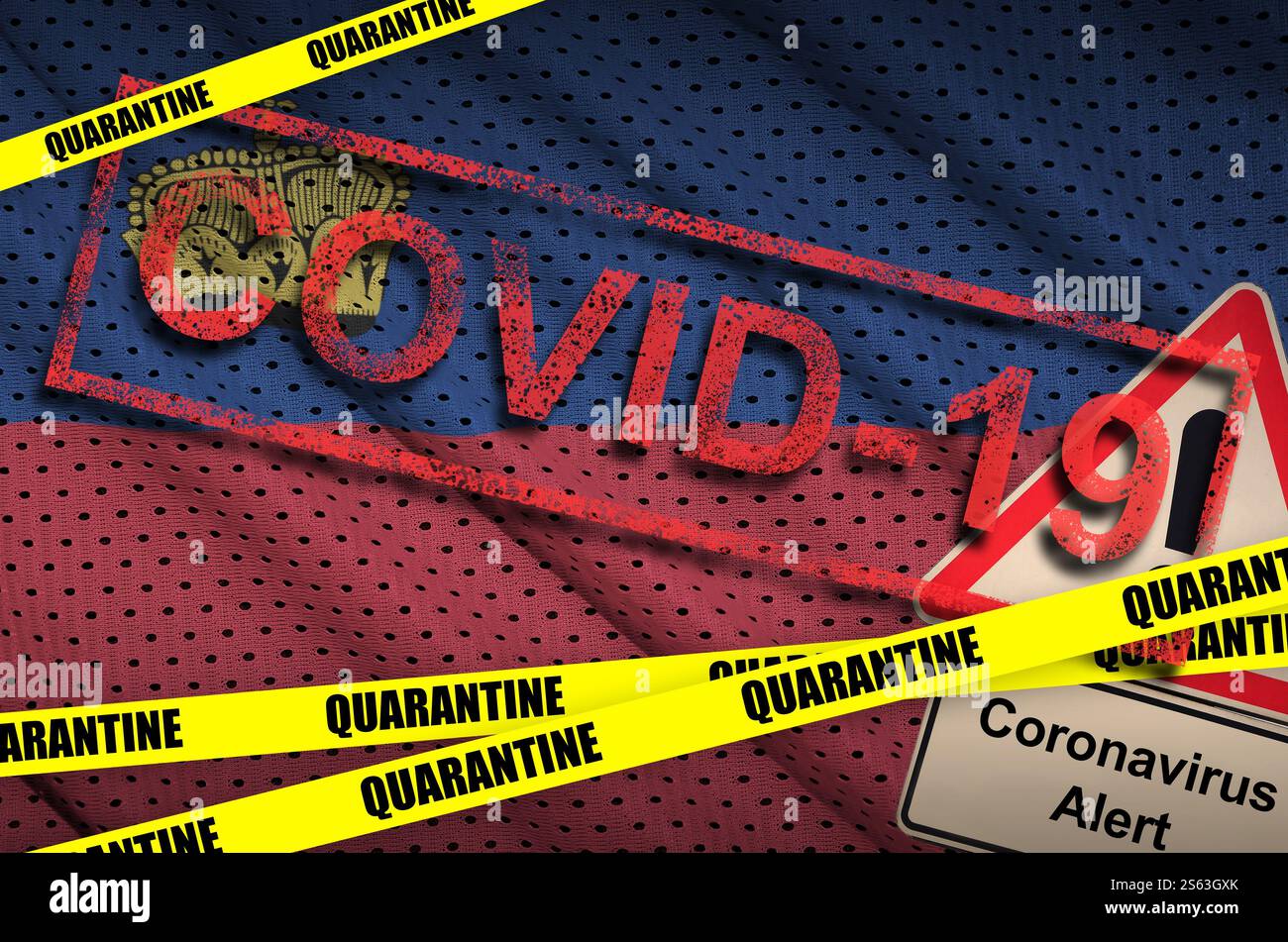 Drapeau du Liechtenstein et ruban jaune de quarantaine COVID-19 avec tampon rouge. Concept de coronavirus ou virus 2019-nCoV. Pavillon du Liechtenstein et COVID-19 Banque D'Images Drapeau du Liechtenstein et ruban jaune de quarantaine COVID-19 avec tampon rouge. Concept de coronavirus ou virus 2019-nCoV. Pavillon du Liechtenstein et COVID-19 Banque D'Images