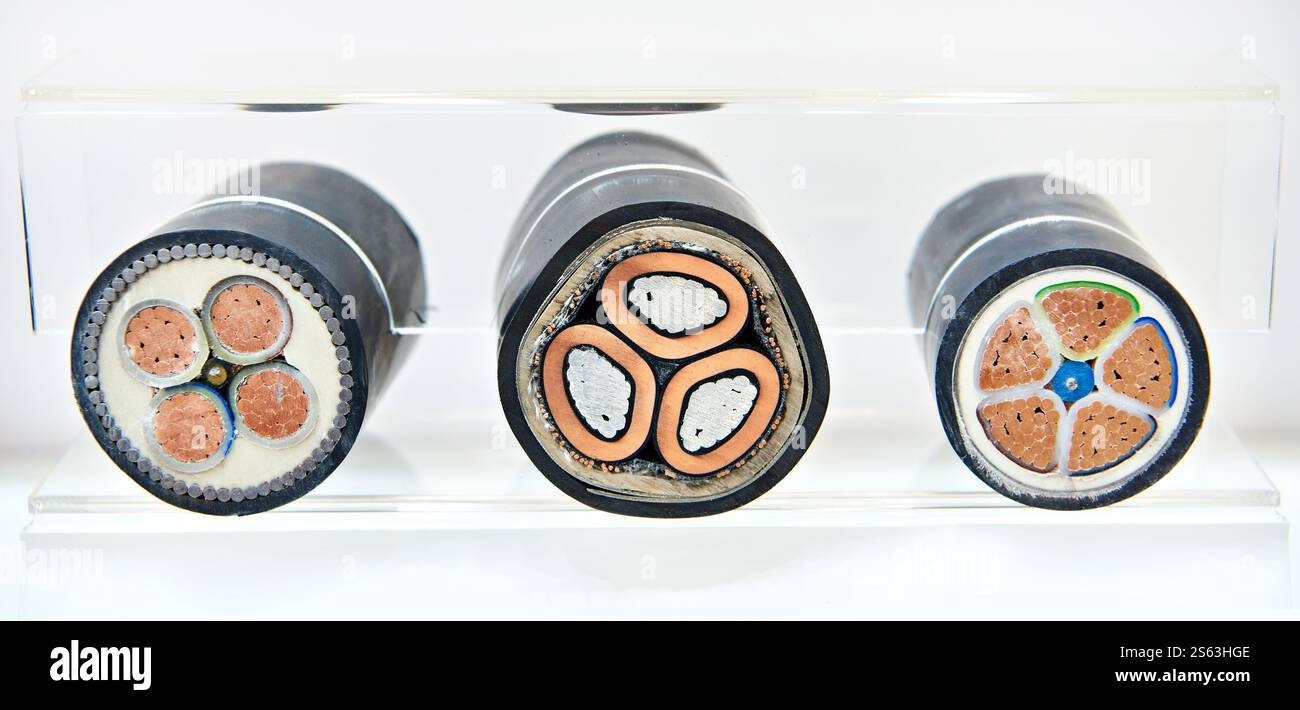 Gros câble d'alimentation en cuivre et en aluminium dans la section gros plan Banque D'Images