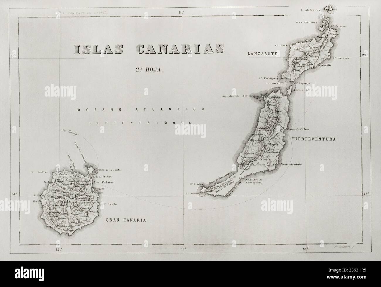 Histoire de l'Espagne. Carte des îles Canaries. Îles de Gran Canaria, Lanzarote et Fuerteventura. Gravure. Crónica General de España, Historia Ilustrada y Descriptiva de sus Provincias (chronique générale de l'Espagne, histoire illustrée et descriptive de ses provinces), Canaries, 1871. Banque D'Images