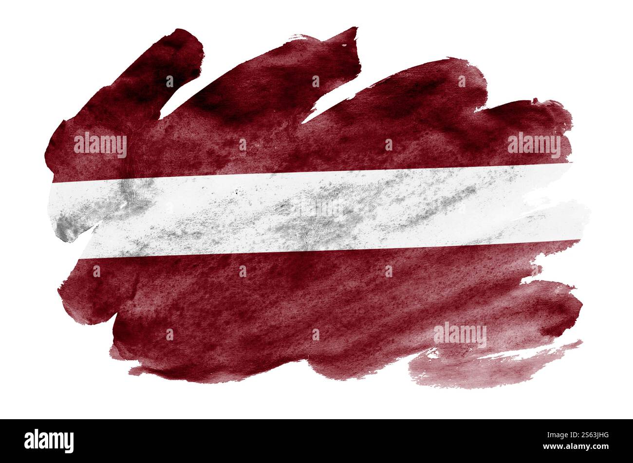 Le drapeau de la Lettonie est représenté dans un style aquarelle liquide isolé sur fond blanc. Ombrage de peinture négligent avec l'image du drapeau national. Jour de l'indépendance Banque D'Images