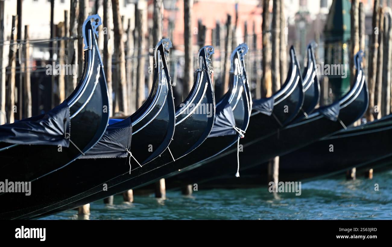 Rangée de gondoles noires amarrées sur le grand canal près de la place saint Marc en format grand écran Banque D'Images