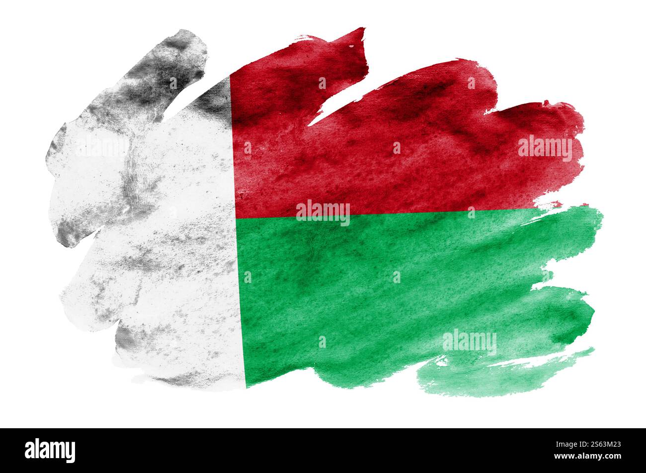 Le drapeau de Madagascar est représenté dans un style aquarelle liquide isolé sur fond blanc. Ombrage de peinture négligent avec l'image du drapeau national. Indépendance Banque D'Images