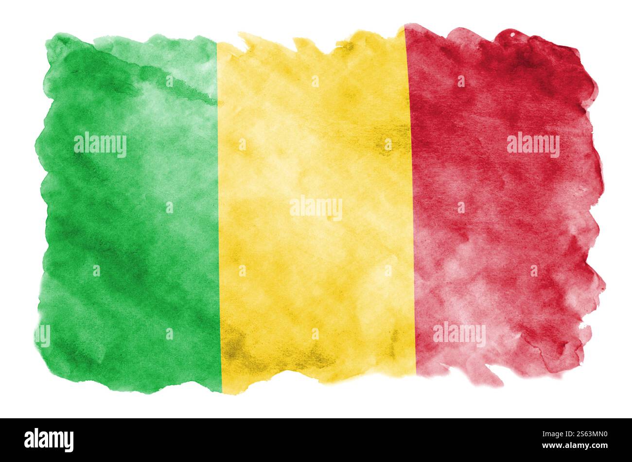 Le drapeau du Mali est représenté dans un style aquarelle liquide isolé sur fond blanc. Ombrage de peinture négligent avec l'image du drapeau national. Jour de l'indépendance Banque D'Images