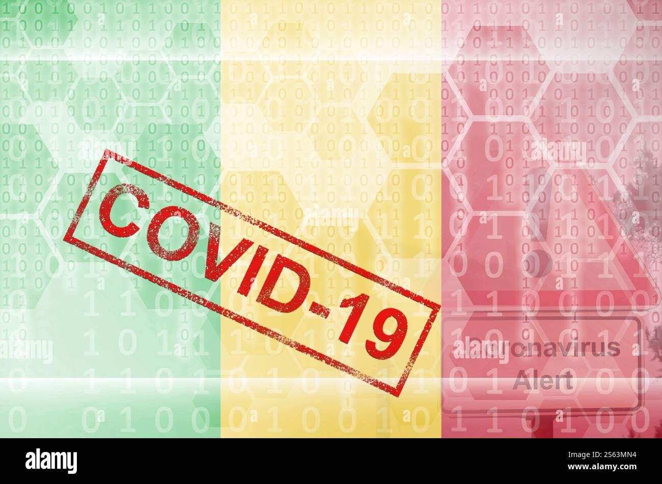 Drapeau du Mali et composition abstraite numérique futuriste avec inscription COVID-19. Concept d'épidémie de coronavirus. Drapeau du Mali et numérique futuriste Banque D'Images