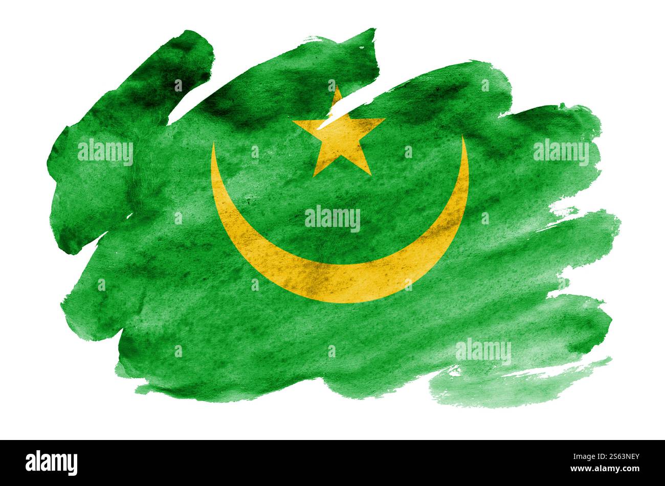Le drapeau de Mauritanie est représenté dans un style aquarelle liquide isolé sur fond blanc. Ombrage de peinture négligent avec l'image du drapeau national. Indépendance Banque D'Images